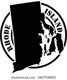 Schwarz-Weiß-Silhouette-Form des amerikanischen Staates von Rhode Island in einem Rundstempel oder Robbendesign mit Text. Vektorgrafik