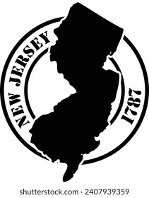 Black and white stencil silhouette shape of the American state of New Jersey inside a circular stamp or seal style design with text. Vector eps graphic.