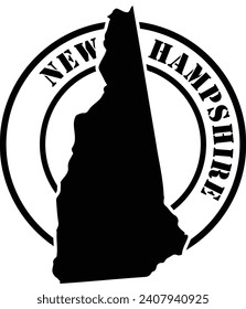 Black and white stencil silhouette shape of the American state of New Hampshire inside a circular stamp or seal style design with text. Vector eps graphic.