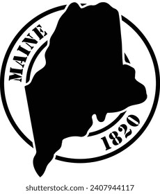 Black and white stencil silhouette shape of the American state of Maine inside a circular stamp or seal style design with text. Vector eps graphic.