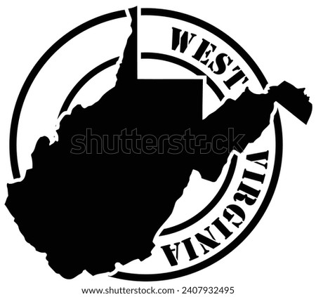 Black and white stencil silhouette shape of the American state of West Virginia inside a circular stamp or seal style design with text. Vector eps graphic.