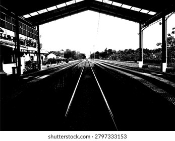Black and white stencil vector of a railway station platform and tracks. High contrast symmetrical train station silhouette background for urban graphic design and screen printing.
