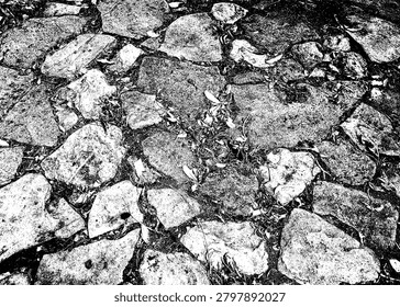 Black and white stencil vector of a rustic cobblestone path texture. High contrast natural stone pavement silhouette background for grunge overlay, screen printing, and graphic design.