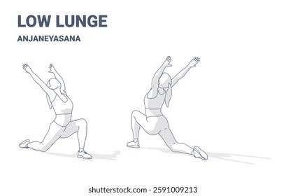 Black and white step-by-step illustration of a person performing the Low Lunge Pose Anjaneyasana. Ideal for yoga guides, flexibility training, and posture improvement