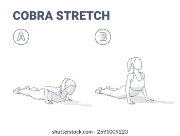 Black and white step-by-step illustration of a person performing the Cobra Stretch Bhujangasana. Ideal for yoga guides, posture correction, and flexibility training