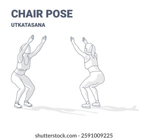 Black and white step-by-step illustration of a person performing the Chair Pose (Utkatasana). Ideal for yoga guides, posture correction, and fitness training materials
