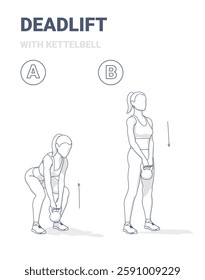 Black and white step-by-step illustration of a person performing a kettlebell deadlift. Ideal for strength training, functional fitness, and workout guides