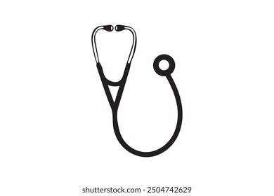 A black and white stethoscope icon, symbolizing medical care, healthcare professionals, and diagnostics in a simple, clean, and minimalist design