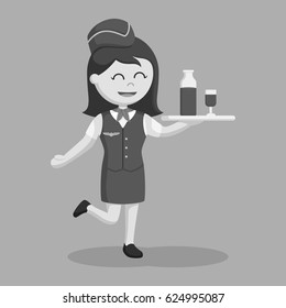 black and white stewardess with drinking tray black and white style