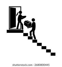 Black and white stick figure, flat vector illustration. Concept of delivery, moving service, logistics, courier and transportation. Minimalistic pictogram style.