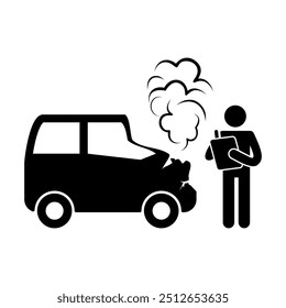 Black and white stick figure of officer conduct investigation of car broken after crash or got accident with smoke illustration.