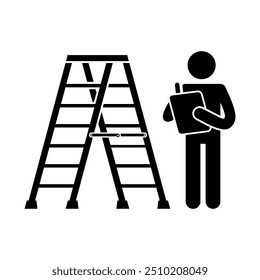 Figura de palo blanco y negro de una persona que realiza una inspección de seguridad para la Ilustración vectorial de escaleras plegables.