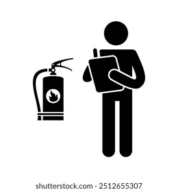 Black and white stick figure of a person conduct safety inspection for fire extinguisher vector illustration. Industrial standard and procedure for periodical checking of fire prevention facility.