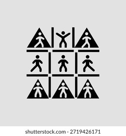 Figuras de palo blanco y negro en cuadrícula con triángulos y líneas sobre fondo blanco