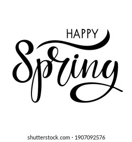 Black and white sticker with happy spring lettering. Happy Spring. Hand drawn lettering and decor element. Design for easter invitation, party decor with hand drawn leaf and handwritten text