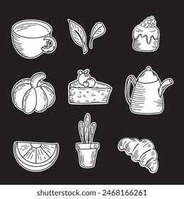 Pegatinas en blanco y negro.  Conjunto de iconos de cocina estilo boceto. Para insignias, etiquetas, logotipo, cocina, café, estudio de alimentos. Vector dibujado a mano