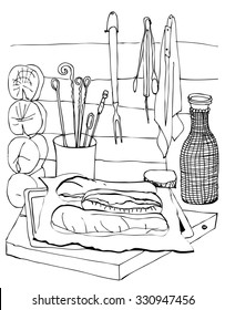 black and white still-life with bread and a bottle
