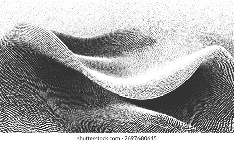 Preto e branco pontilhado abstrato com colinas rolantes e padrões texturizados.