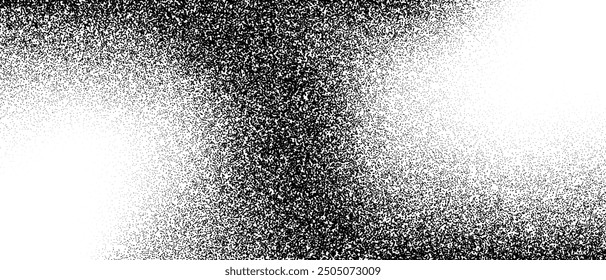 Black and white stippled gradient texture. Grunge dotted noise background. Gritty splattered sand halftone overlay. Distressed sprayed dot work grain with specks, dust, speckles, particles. Vector