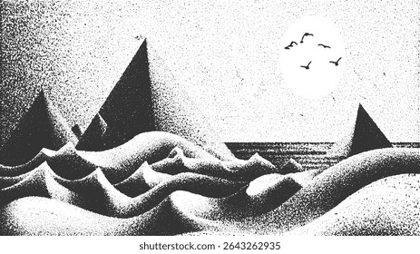 Black and white stippled illustration of a seascape with triangular mountains birds and a full moon. Stylized ocean waves create a textured background.