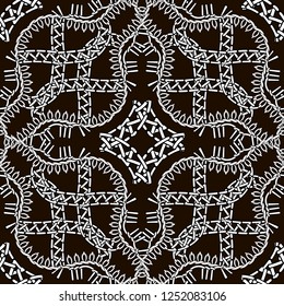 Black and white stitching style geometric vector seamless pattern. Ornamental monochrome background. Repeat decorative abstract ornate backdrop. Modern grunge design. Tribal ethnic ornament. Handcraft