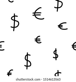 Black and white stock seamless pattern with euro and dollar symbol. Vector background, wallpaper in cute handmade style on the theme of money, business and finance. Illustration for prints, web