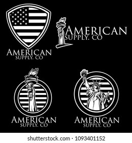 Black and White Stock Vector Set Attractive Liberty and America Emblem,Logos,Badge on Black Background