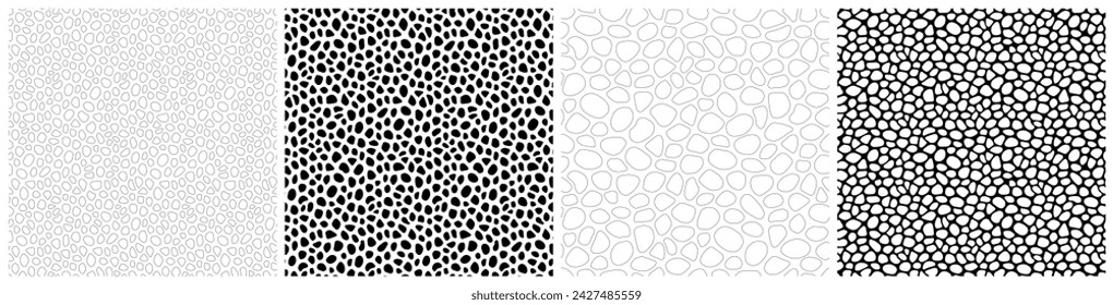 Black and white stones seamless patterns vector set. Irregular pebbles and rocks shapes repeated backdrop for web tiles, science and interior designs. line polygonal cells template background.