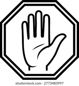 Black and white stop sign with hand symbol in center