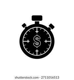 Black and white stopwatch icon with dollar sign time and money concept