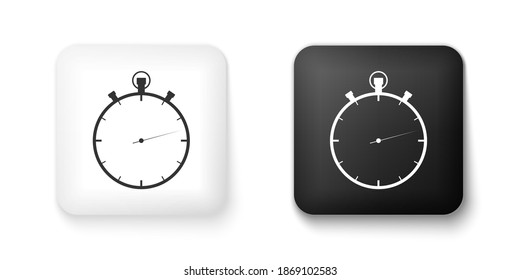 Icono de Stopwatch en blanco y negro aislado en fondo blanco. Signo del temporizador de tiempo. Botón cuadrado. Vector.