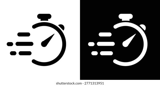 Black and white stopwatch icons with motion lines on split background