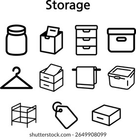 Black and White Storage and Organization Icon Set in Line Style