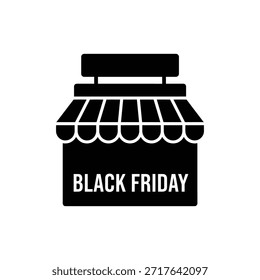 Ícone de frente de loja em preto e branco com toldo e texto de Black Friday