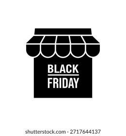 Black and white storefront icon with awning representing retail or shop sale
