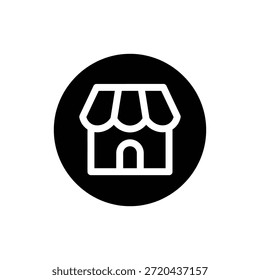 Schwarz-weißes Schaufenster-Symbol innerhalb des Kreises, das das lokale Geschäft oder Einzelhandelsgeschäft darstellt