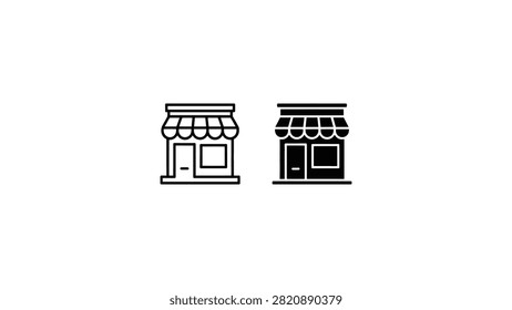 Black and white storefront icons side by side, minimalist vector illustration comparing outlined thin-line shop design with bold filled silhouette, symbolizing business, retail, and branding concepts