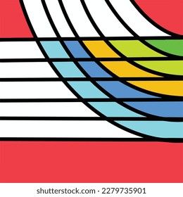 Líneas rectas en blanco y negro con espacio intersectorial de colores entre las líneas aisladas en el fondo cuadrado rojo. Papel de pantalla con un sencillo estilo de arte plano.