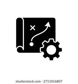 Icono de gestión de configuración y Plan estratégico en blanco y negro