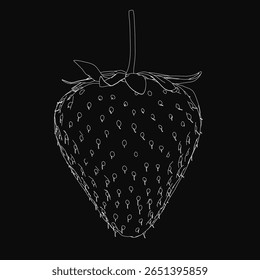 Black and white strawberry drawing stands out with bold white outline against a dark background. The stark contrast highlights the fruit's shape and details.