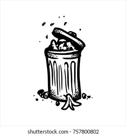 Black and white street art graffiti. Ink drawn plot of human environmental pollution. Clipart for sticker or print. Full garbage bin with trash and flys.