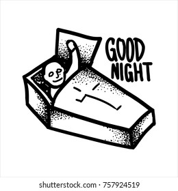 Black and white street art graffiti. Ink drawn of dark humor plot. Clipart for sticker, tattoo or print. Dead man or vampire opens the coffin lid and says good night.