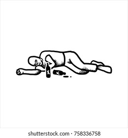 Black and white street art graffiti. Ink drawn of alcoholism story. Clipart for sticker, tattoo or print. Drunk man lying on the floor with hands under head and sleeps near the bottles.