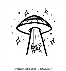 Black and white street art graffiti. Ink drawn story about an alien invasion. Clipart for sticker, tattoo or print. UFO shaped like a flying disk kidnaps a cow dragging it inside.