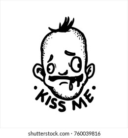 Black and white street art graffiti. Ink drawn story about mental hospital patient. Clipart for sticker, tattoo, print. Crazy guy smiles stupidly with saliva from mouth and inscription kiss me.