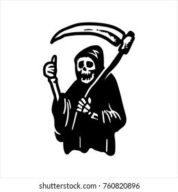 Black and white street art graffiti. Ink drawn plot of death ghost. Clipart for sticker, tattoo or print. Skeleton in robe with a scythe smile and shows a thumb up gesture.