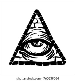 Black and white street art graffiti. Ink drawn plot of all seeing eyes and total surveillance. Clipart for sticker, tattoo or print. Tired eye in a triangle of bricks, symbol of the Illuminati.
