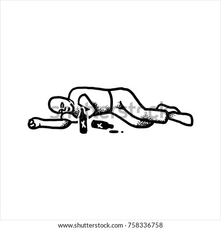 Black and white street art graffiti. Ink drawn of alcoholism story. Clipart for sticker, tattoo or print. Drunk man lying on the floor with hands under head and sleeps near the bottles.