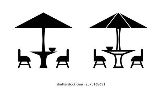 Black and White Street Cafe Icons. Vector Illustration of Table and Chairs in a Summer Restaurant. Leisure and tourism concept.  Outside cafe vintage icon sign. Cafe logo vector. Design eps 10