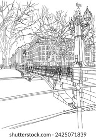 Black white street illustration. Hand drawn line sketch European city Dusseldorf, Germany with buildings, ,bridge in outline style. Ink drawing of cityscape, perspective view. Travel postcard.